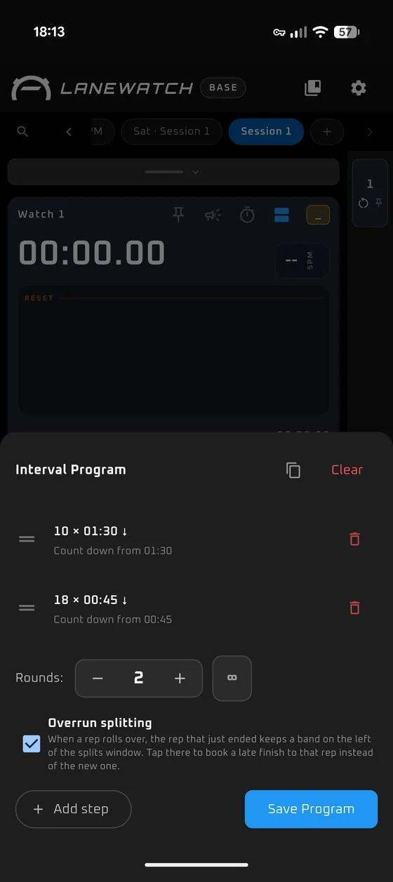 An interval programme: ten reps on one minute thirty, then eighteen on forty-five seconds, set to run twice through, with overrun splitting switched on.